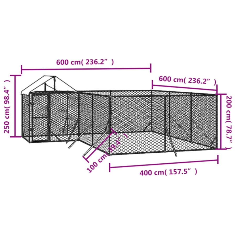 Canil externo para cães vidaXL com telhado, aço galvanizado, prata, 10x8x2,5m