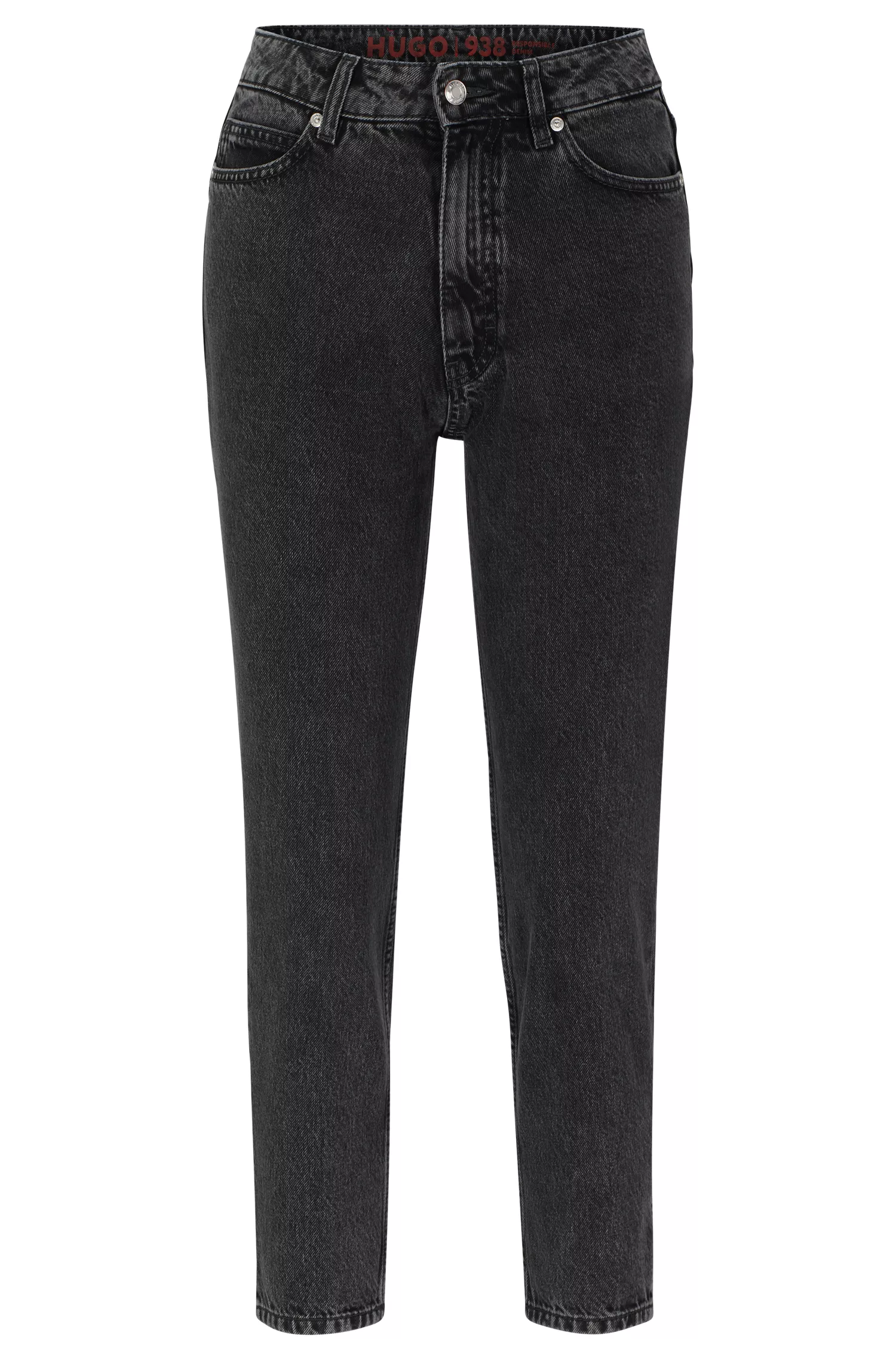 Calça jeans mom HUGO vermelha, modelagem relaxada, em denim rígido preto.