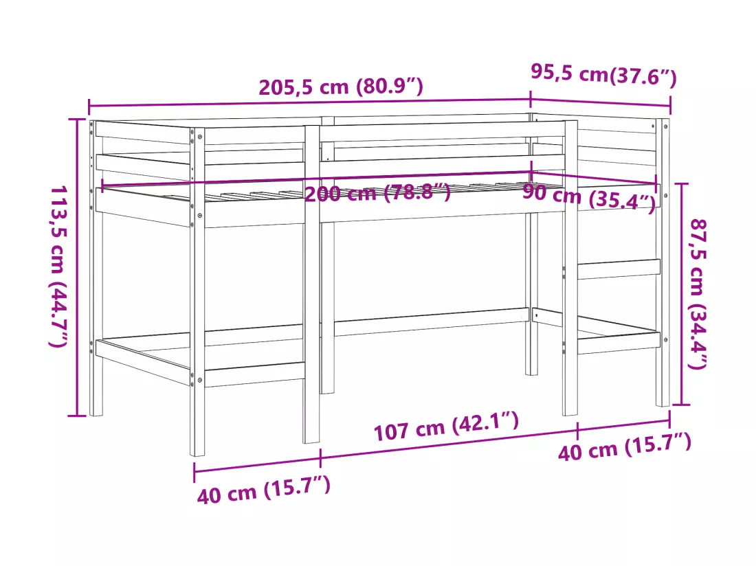 Lit mezzanine enfants avec échelle 90x200 cm bois de pin massif
