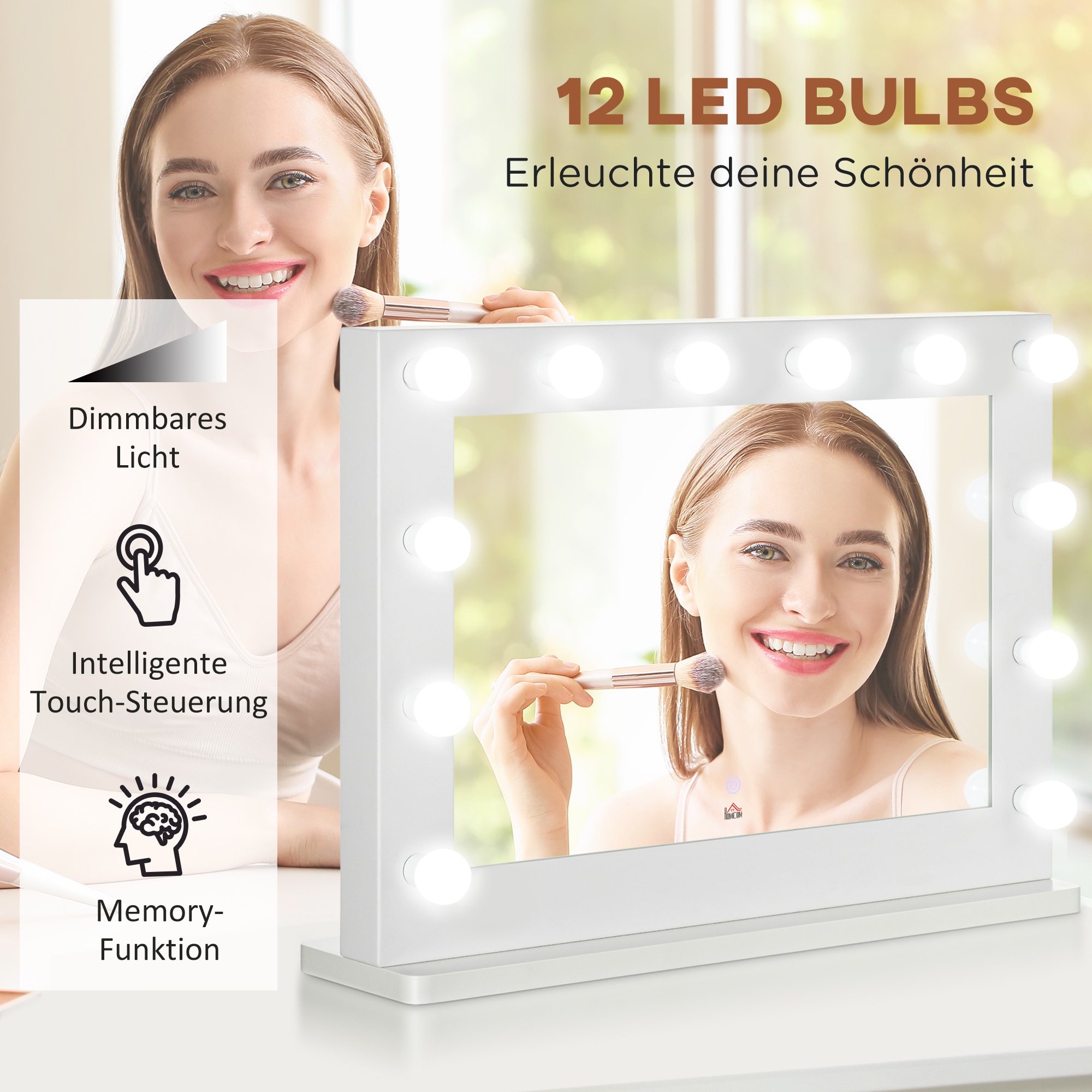 HOMCOM Tischstandspiegel mit 12 LED-Lampen weiß 80L x 60B x 20H cm