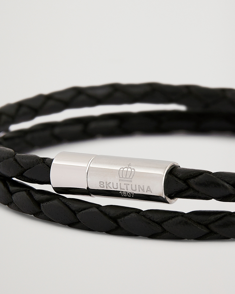 Skultuna Two Row Leather Bracelet Black Steel