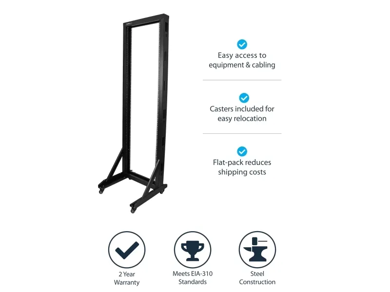 StarTech.com 42U Mobile Open Frame Network Rack with Wheels- 663lbs - 2 Post 19