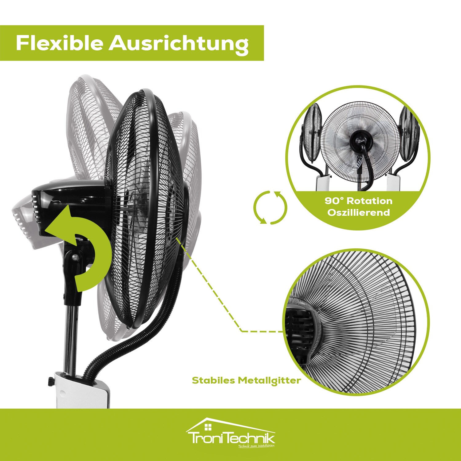 TroniTechnik® Standventilator mit Wasserkühlung, Sprühnebel Raumbefeuchter, Fernbedienung, Oszillierend, 3 Stufen, Timer