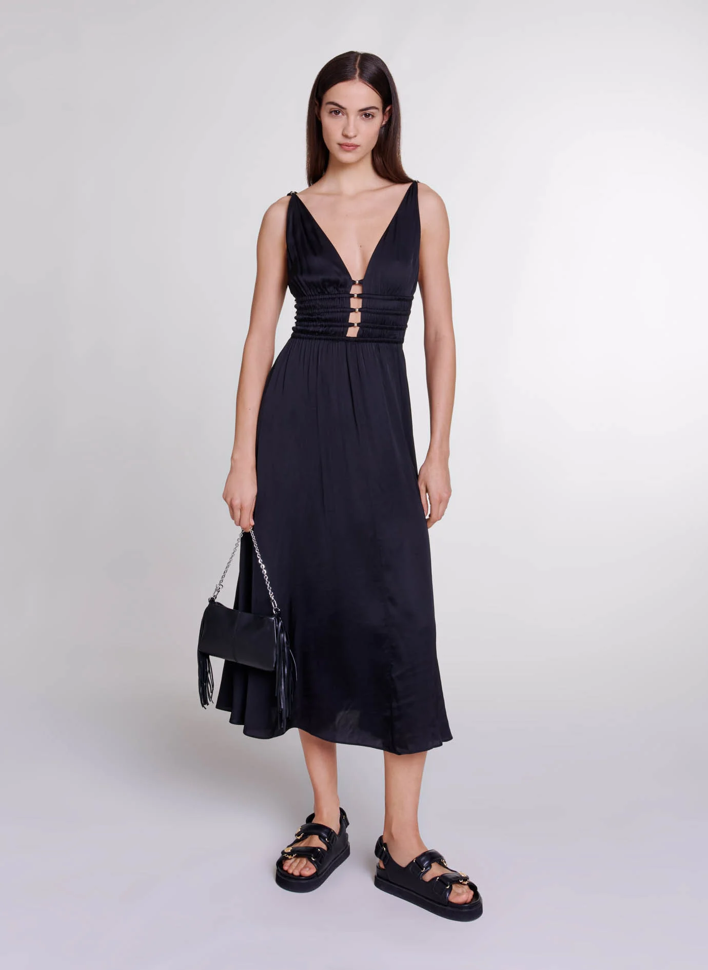 Robe longue col V| Noir