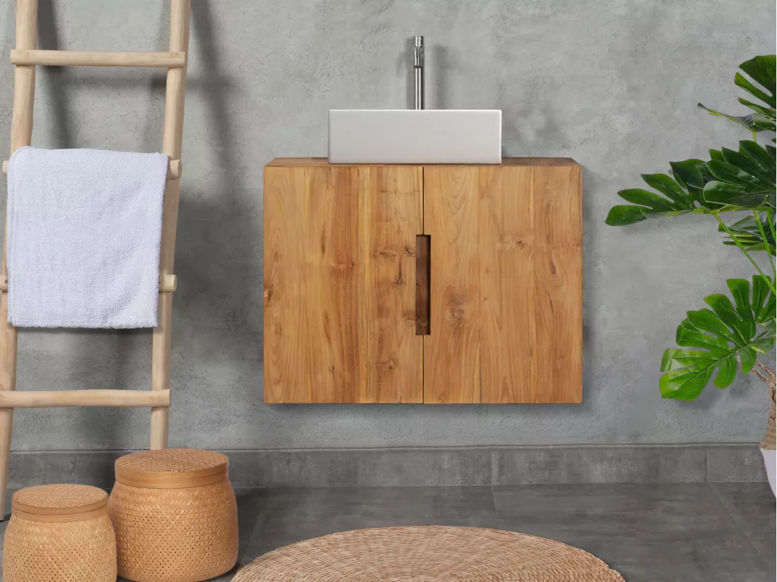 Meuble de salle de bain suspendu en teck avec simple vasque - 80 cm - SAWAN