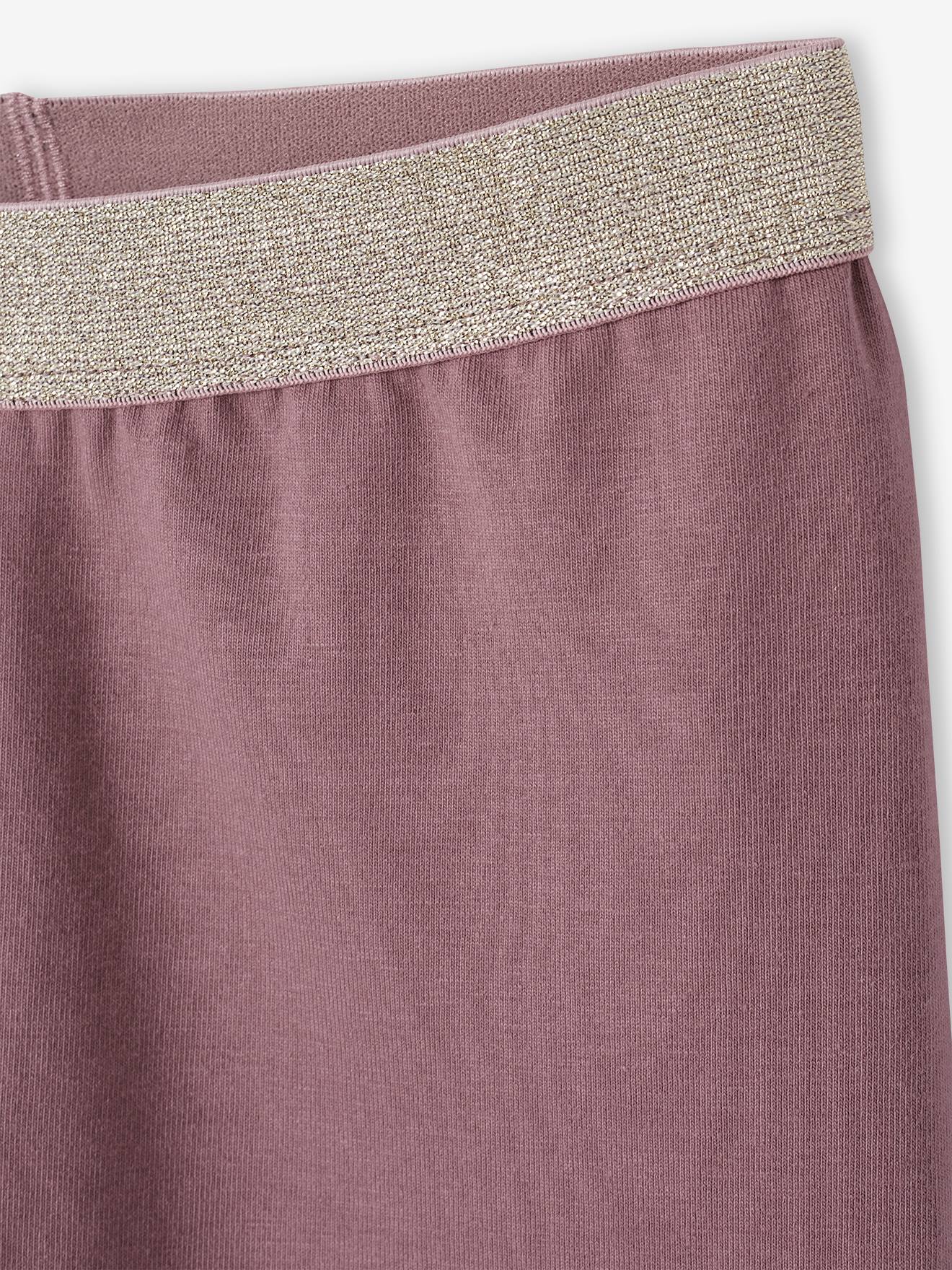 Leggings infantis com cós roxo iridescente, tamanho médio liso.