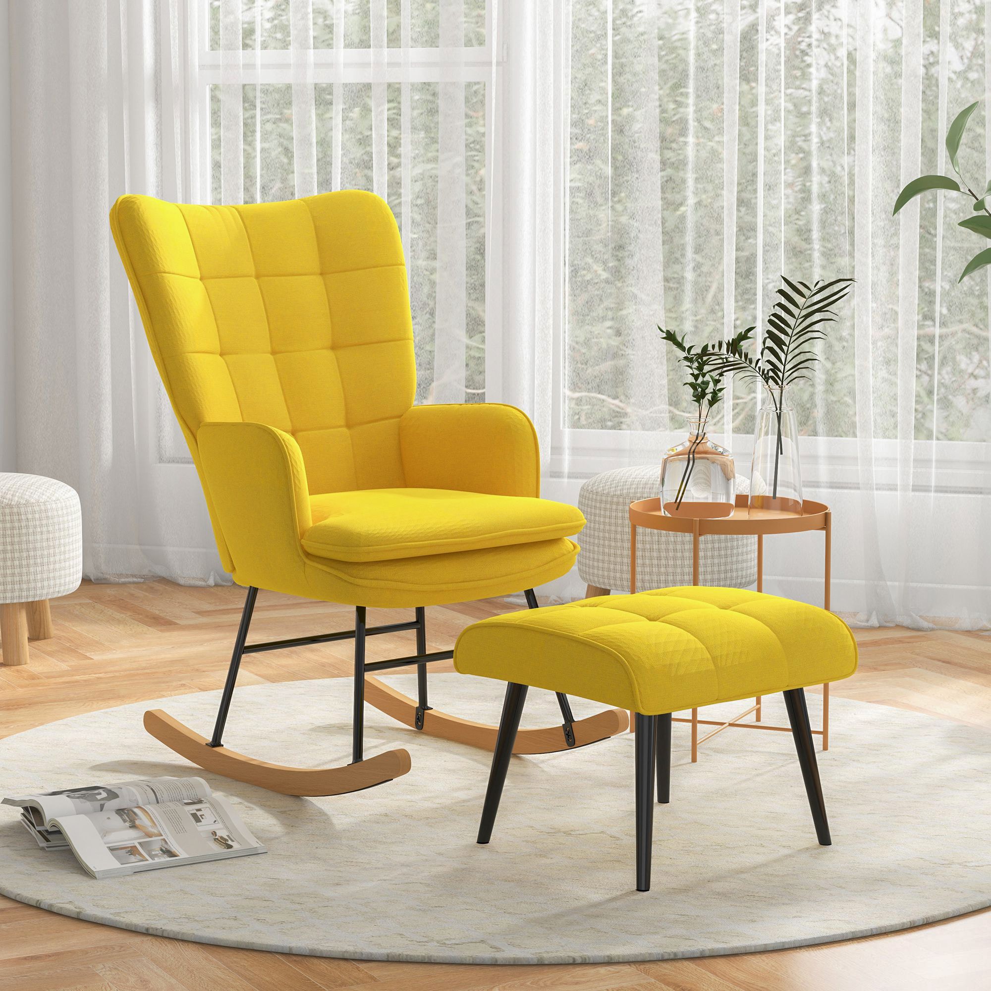 HOMCOM Schaukelstuhl mit Hocker und hoher Rückenlehne gelb 64L x 89B x 90H cm