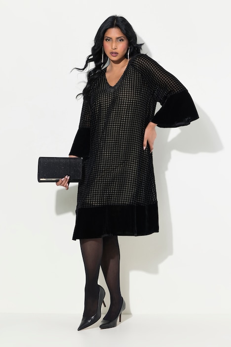Samtkleid, A-Linie, Ausbrennermuster, weite Ärmel