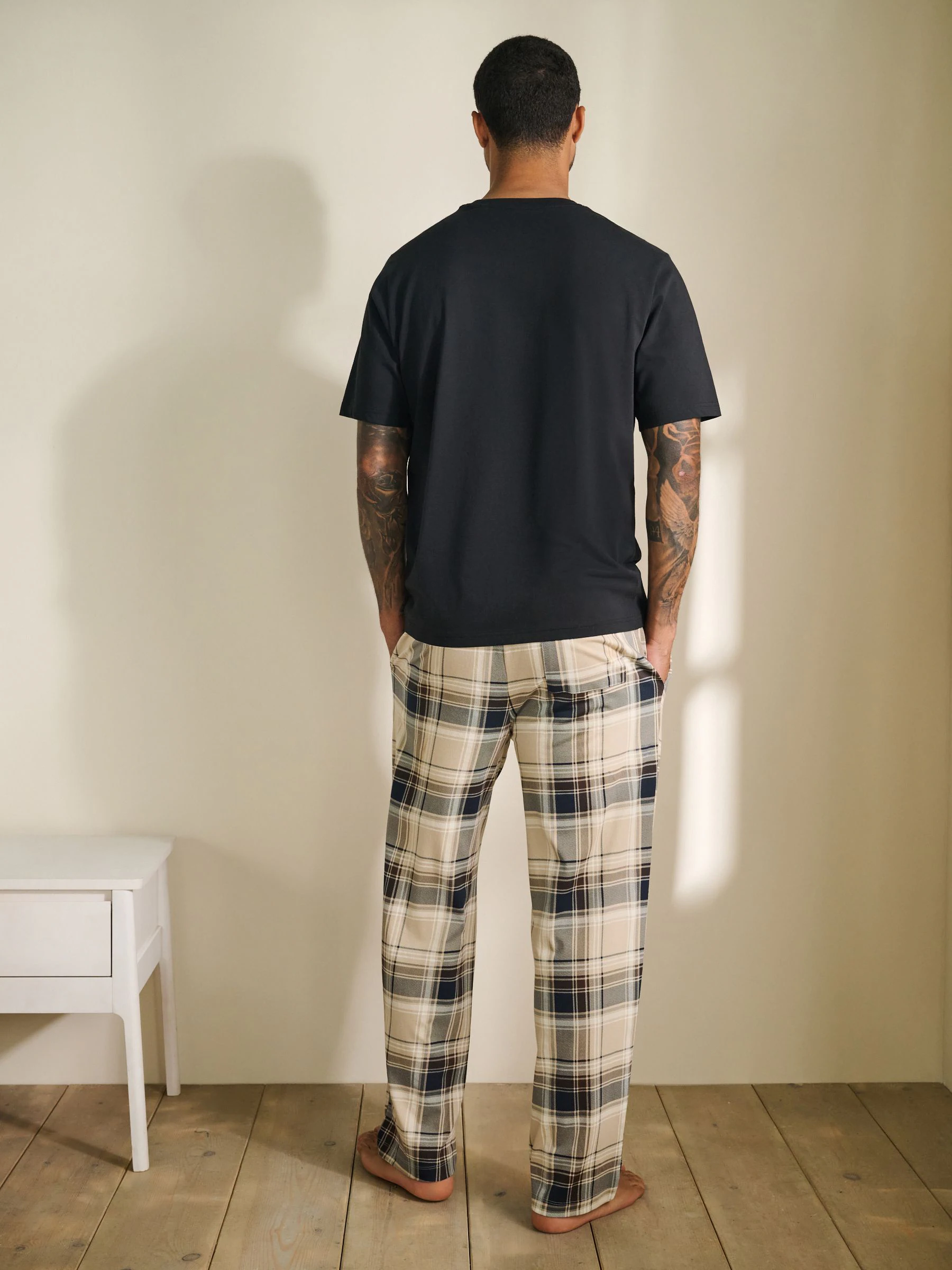 Naturel/zwart geruit - Jersey pyjama met korte mouwen