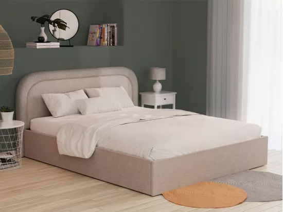 Lit coffre 140 x 190 cm - Tissu bouclette - Beige + Matelas - FIREZA
