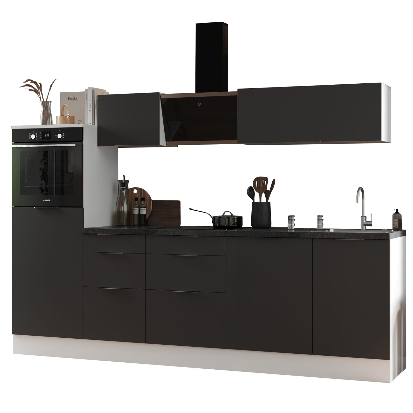 RESPEKTA Küchenblock - grau matt - weiß matt - mit E-Geräten - 280 cm