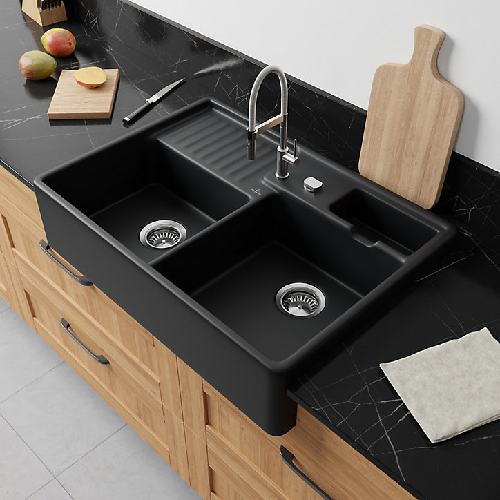Évier timbre de cuisine à poser 2 bacs Tradition Villeroy & Boch céramique noir mat