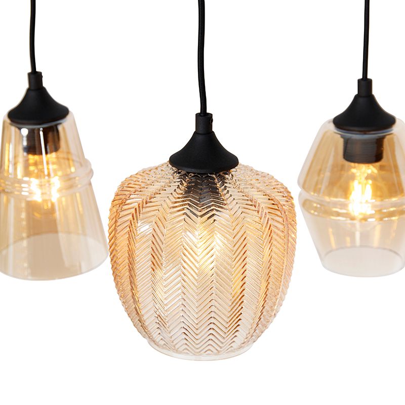 Art deco hanglamp zwart met amber glas 8-lichts - Hanne