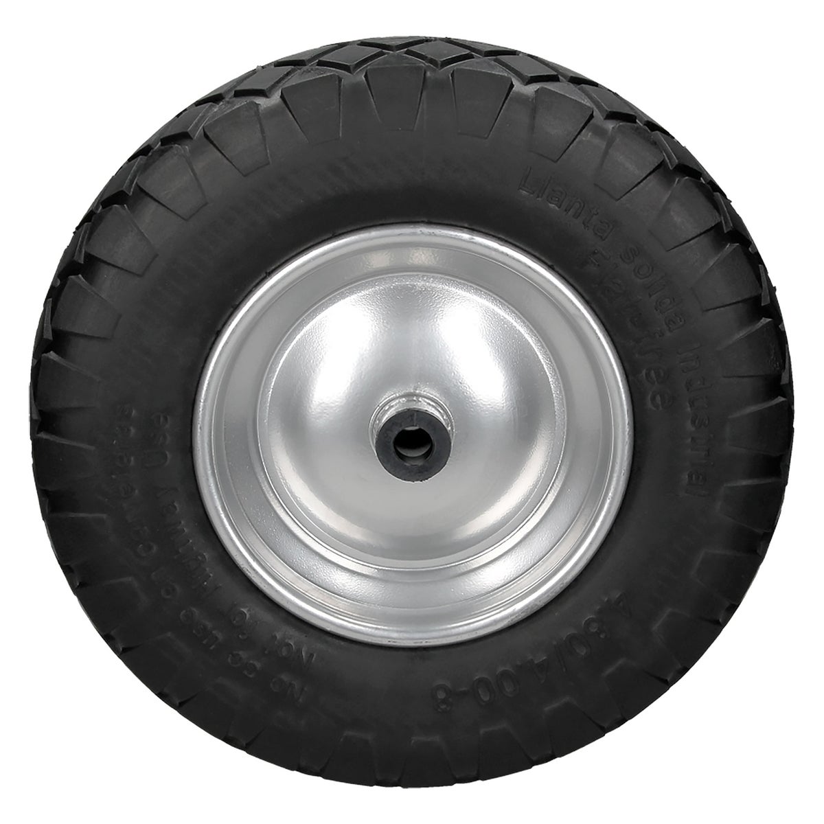 ECD Germany kruiwagenwiel met blokprofiel van lekvrij massief PU-rubber, reservewiel met as, 4.80/4.00-8, diameter 390 mm, zwart, 200 kg, band met stalen velg, PU-wiel voor kruiwagen