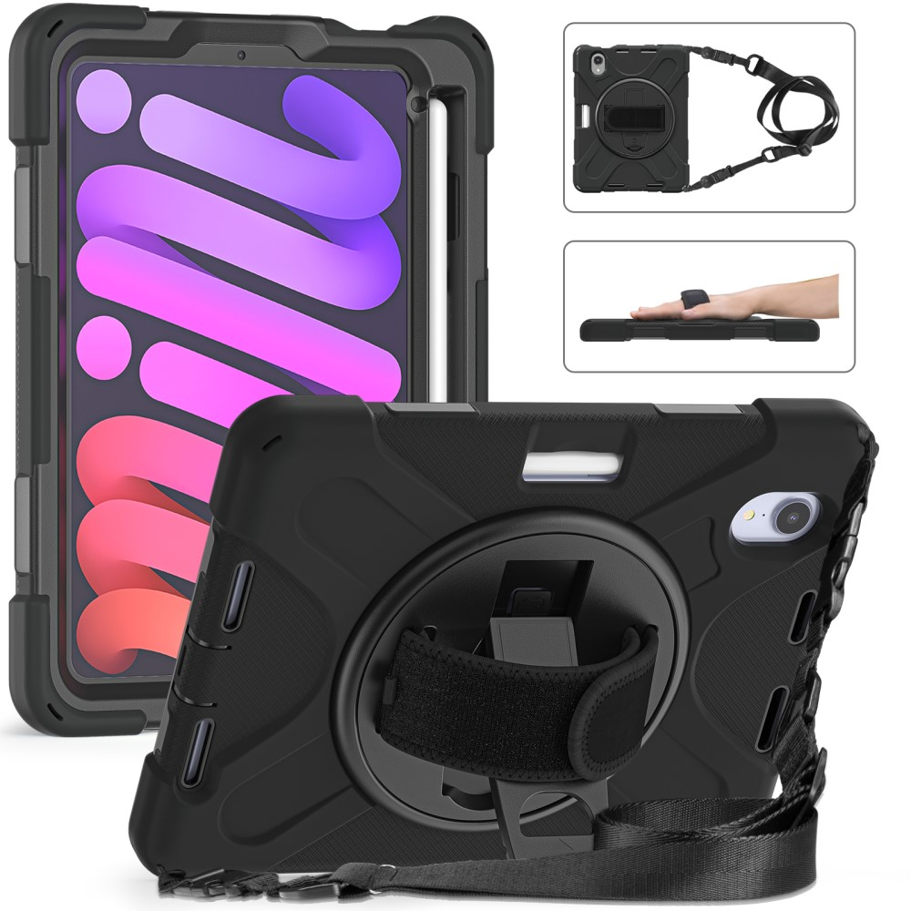 iPad Mini 7 (2024) / Mini 6 (2021) Hybrid Outdoor Silikon Case Hülle mit Aufsteller und Handschlaufe und Schultergurt - Schwarz