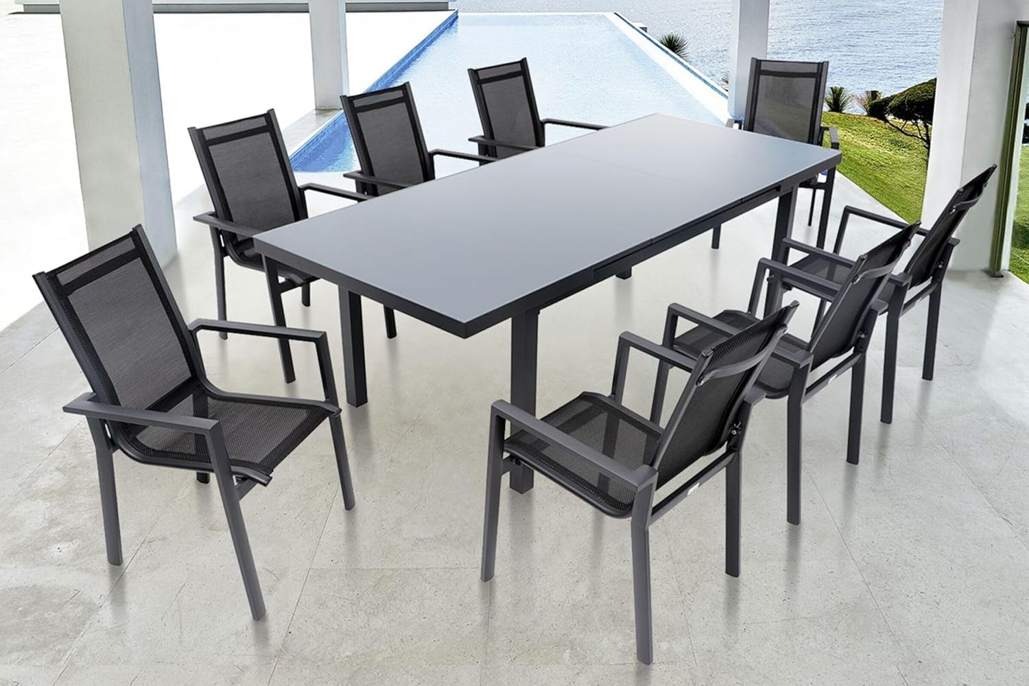OUTFLEXX Premium Garten-Essgruppe, anthrazit matt, Alu/Textilene, Tisch 180/240x100cm, 8 Stapelsessel