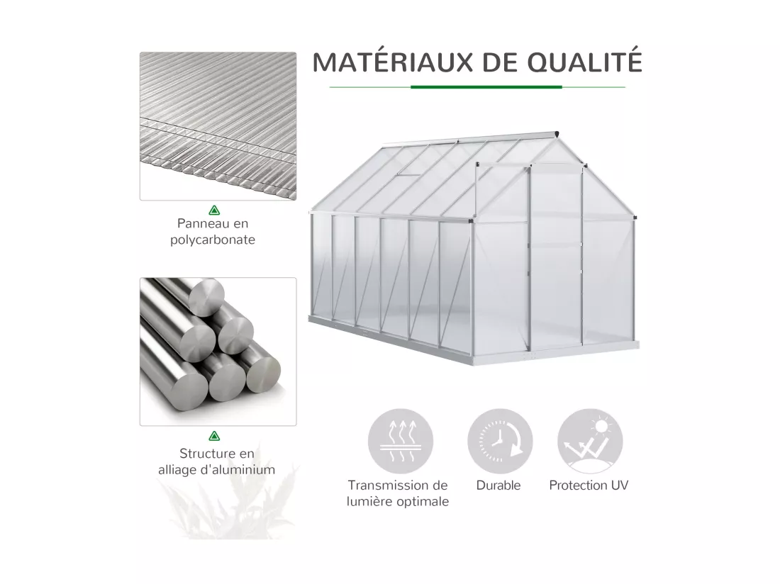 Serre de jardin aluminium polycarbonate 7,12 m² dim. 3,75L x 1,9l x 2H m lucarne réglable fondation porte coulissante