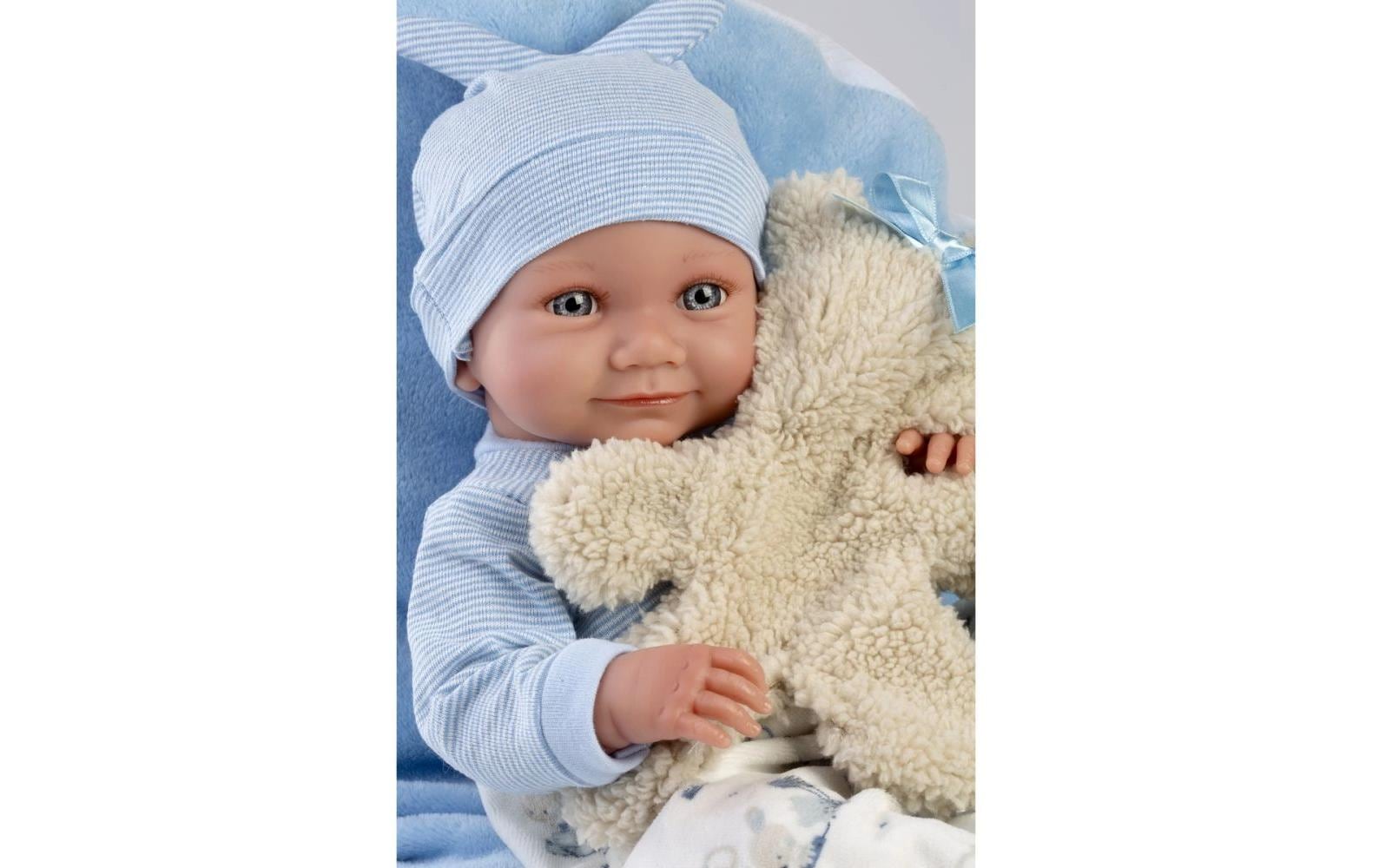 Babypuppe Nico mit Kissen Blau 40 cmNew Born Puppe mit weichem Stoffkörper