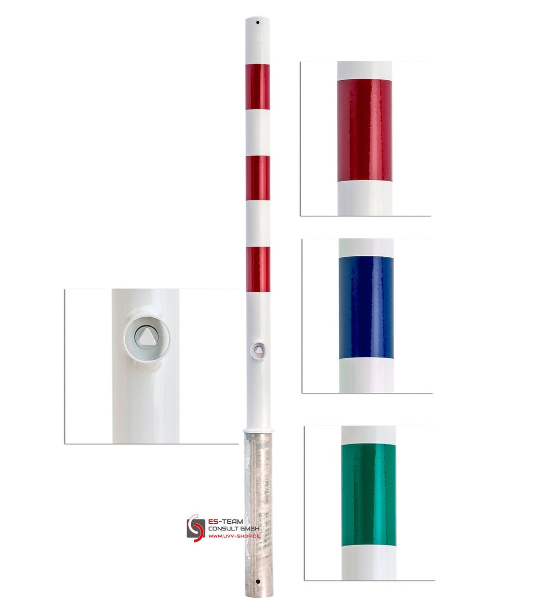 Stalen paal Ø60mm 1,2 m verzinkt witte coating afneembare driehoekige kop + 3 rode reflecterende ringen / Zonder ogen