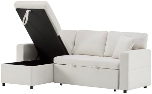 L-Form Schlafcouch Ecksofa Ausziehbar | Bettkasten + Regal + USB-Anschluss, 4 Sitzplätze, Stauraum, platzsparend für kleine Wohnungen & Jugendzimmer, Beige
