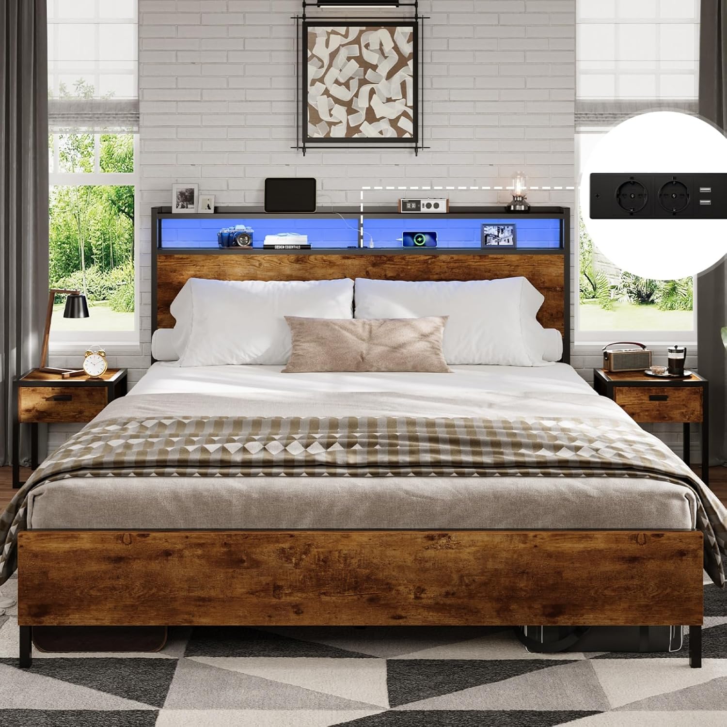 DICTAC Bett 140x200 cm mit LED Beleuchtung,Metall Doppelbett mit Steckdose und USB-Ladefunktion, Bettgestell 140x200 cm mit Holzkopfteil Stauraum, Bettrahmen mit Lattenrost und Stauraum unter dem Bett