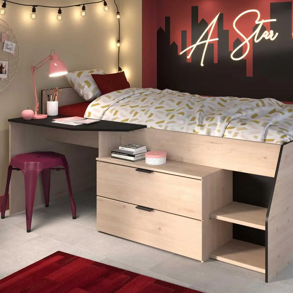 Kajuitbed Milky met bureau en lades - zwart/eik