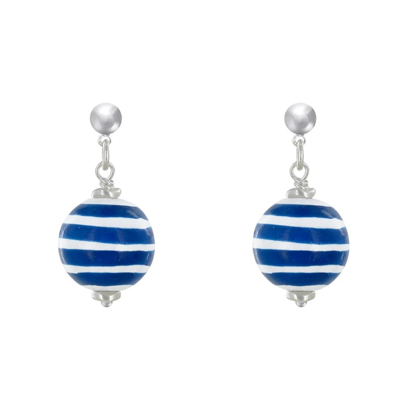 Boucles d'Oreilles Clous Métal Argenté Perles en Bois Marinière