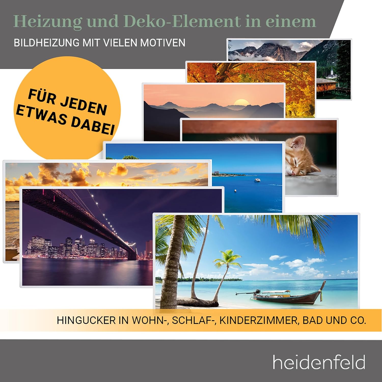 Heidenfeld Infrarotheizung HF-HP105 |    - 1000 Watt - Bis 25 m² - Infrarot Heizkörper - Elektroheizung mit Thermostat - Überhitzungsschutz (1000 Watt, Strand)