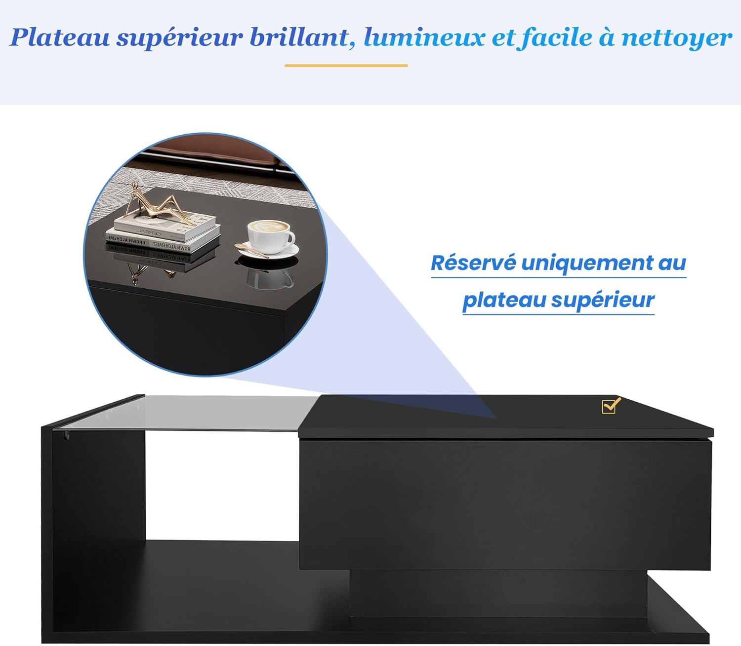 okwish Couchtisch Rechteckig, LED-Hochglanz Beistelltisch für Schlafzimmer, Wohnzimmertische mit Stauraum fürs Wohnzimmer, Beistelltisch mit Glasplatte und Schubladen, Schwarz