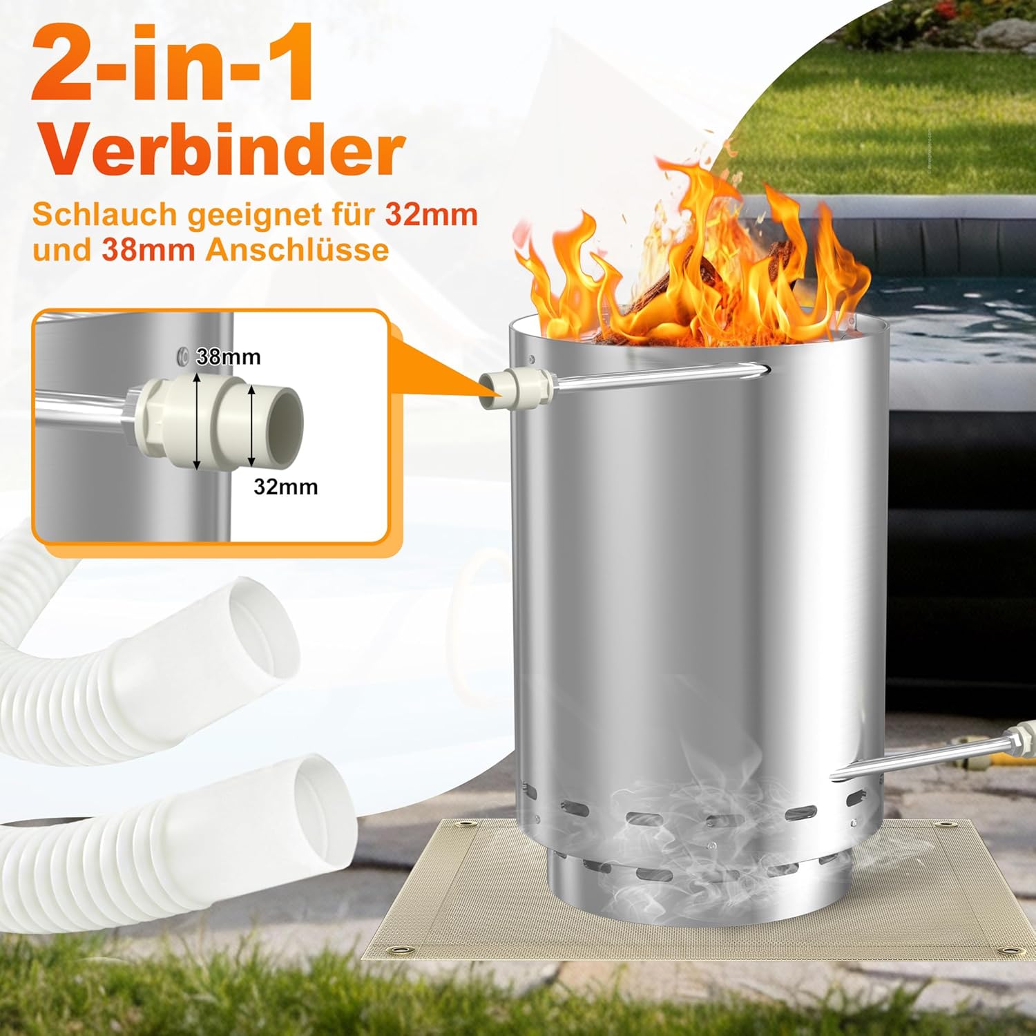 Edelstahl Feuertonne Poolheizung mit Heizspirale, Ø32/38mm Anschlüsse Brennholz Pool Heizung, inkl. Feuerfeste Matte & Restasche Auffangwanne, Outdoor Poolofen für Schwimmbäder, Silber B, 1 Stück