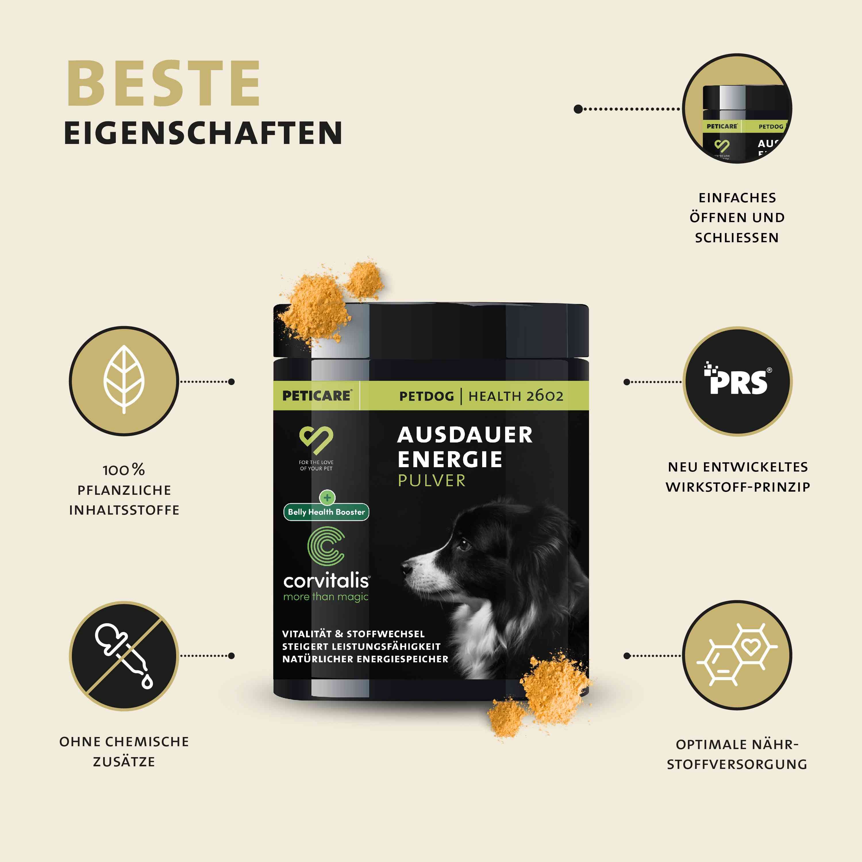 Peticare Ergänzungsfutter Pulver für sportliche Hunde, für Ausdauer & Vitalität