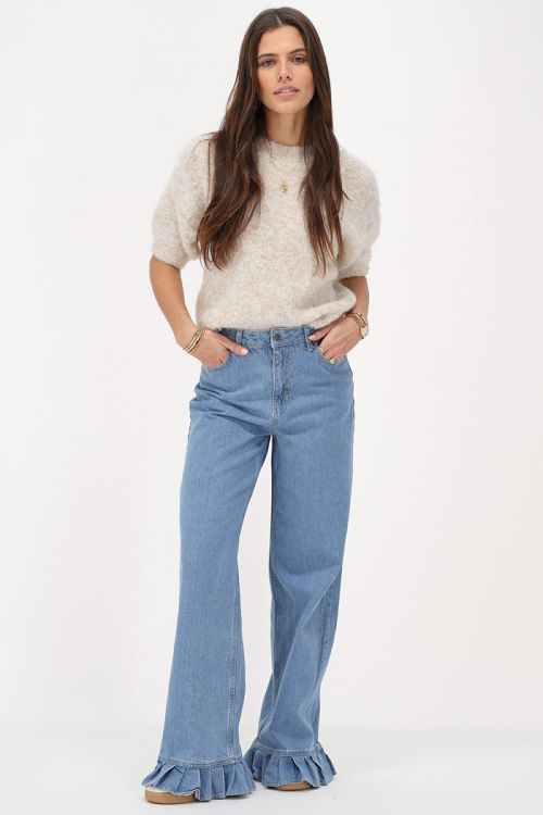 Lichtblauwe wide leg jeans met ruffles