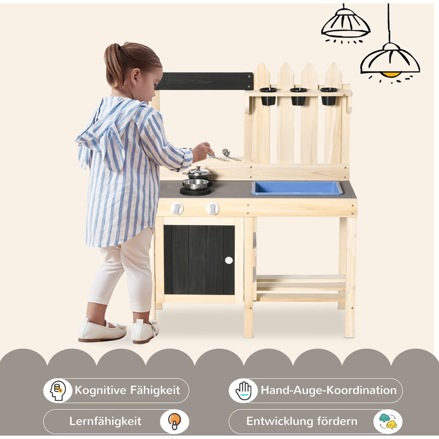Outsunny Kinderküche mit Pflanzentöpfe natur