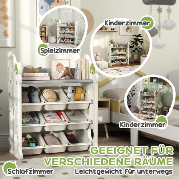 Barnehylle 4-lags lekehylle med 9 uttakbare bokser, hylle, kroker, barneromshylle for barnehage, lekerom, 77 x 42 x 94 cm, kremhvit