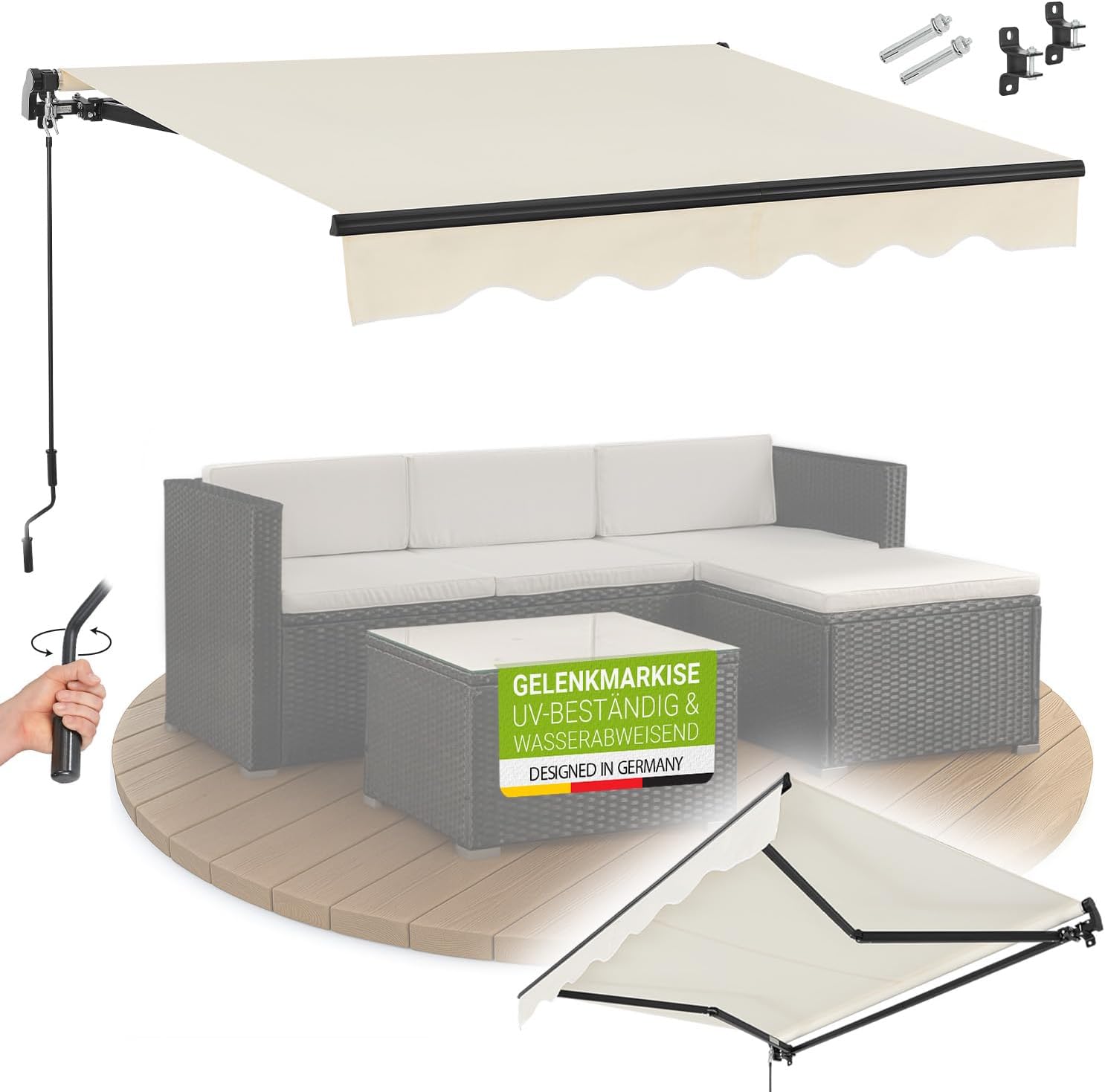 Juskys® Gelenkarmmarkise 300 x 250 cm, UV40+ & wasserabweisend, mit Kurbel & Wandhalterung Länge + Winkel einstellbar, Markise für Terrasse & Balkon, Sonnenschutz Balkonmarkise Gelenkmarkise, Beige