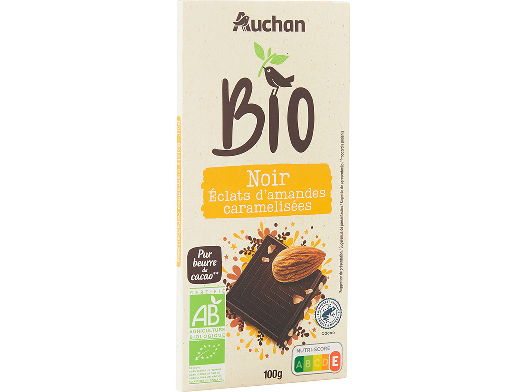 CHOCOLATE AUCHAN NEGRO BIO COM PEDAÇOS AMÊNDOAS 100G