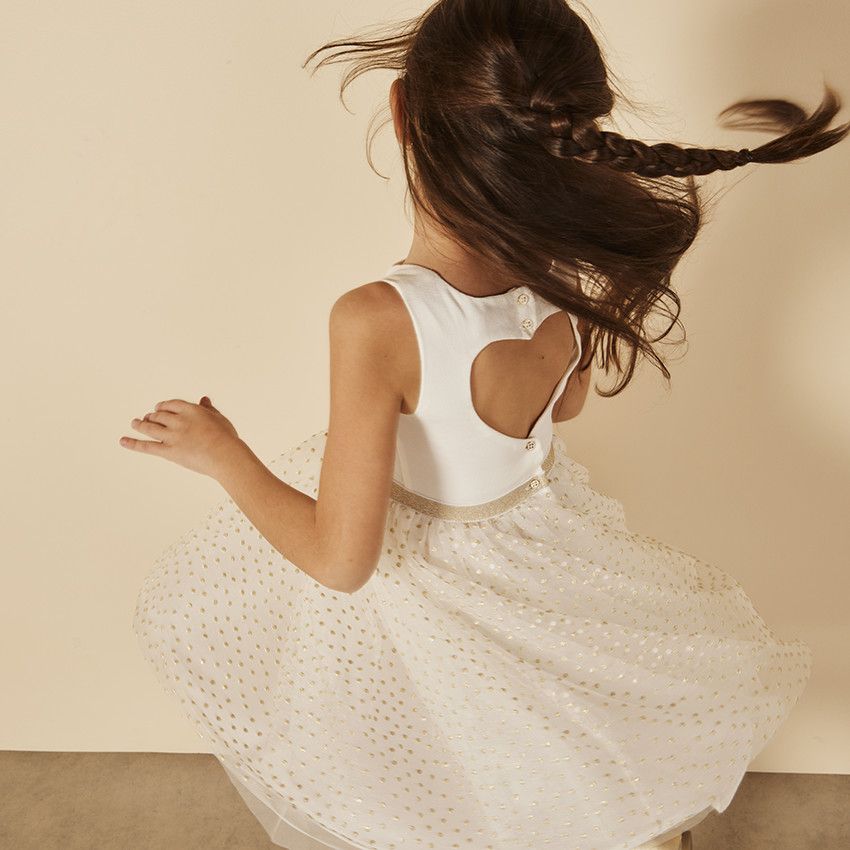 Robe de cérémonie en crêpe et tulle pour fille - Ecru