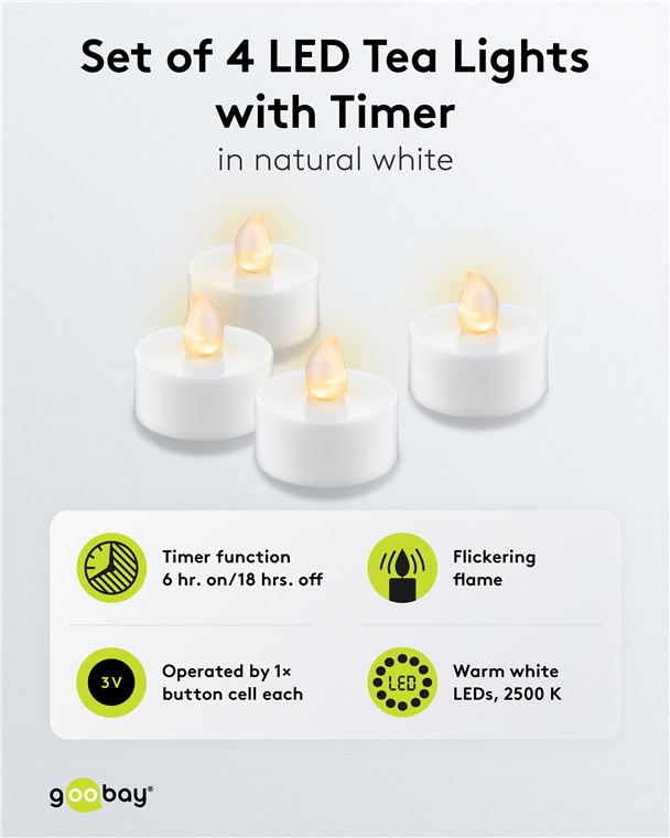 (4er Set) Flackernde LED Teelichter Deko Kerzen Home Stimmungsleuchte (inkl. CR2032 Batterien) - Warmweiss