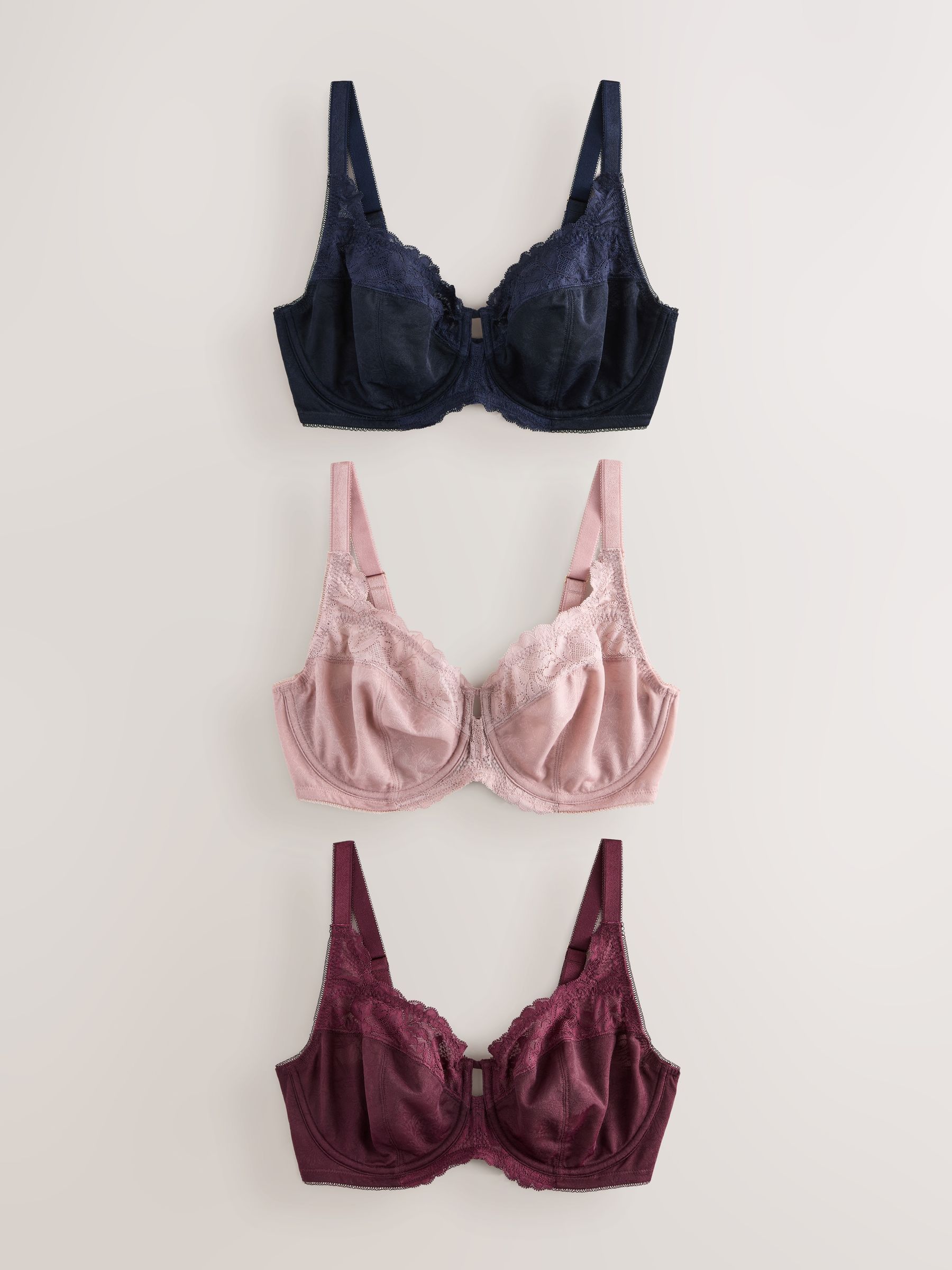 Marineblauw/bessenrood/roze - DD+ Beha's met volledige cups zonder vulling, set van 3 met kantversiering