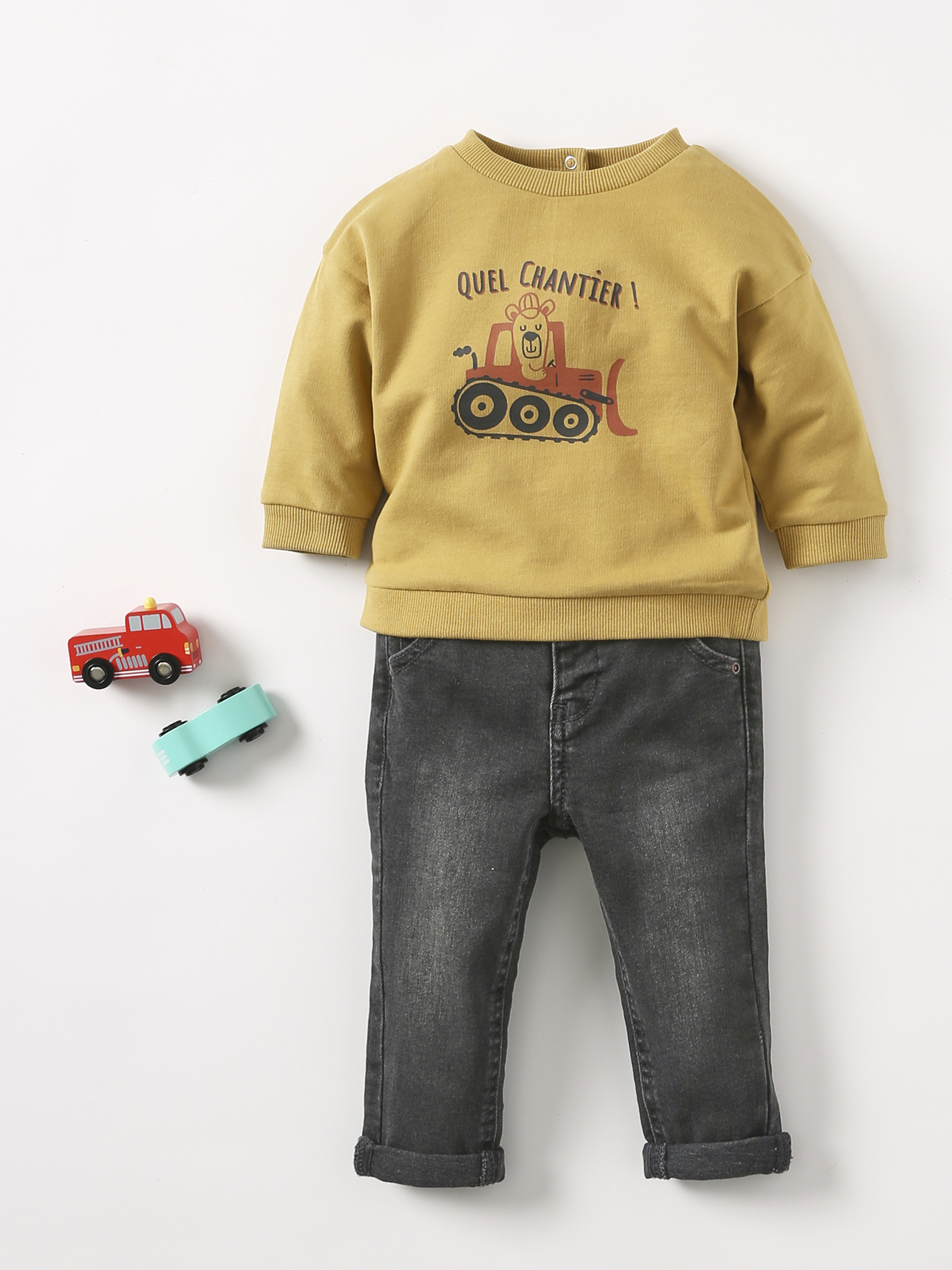 Conjunto de moletom básico de lã para bebê + calça jeans reta para bebê