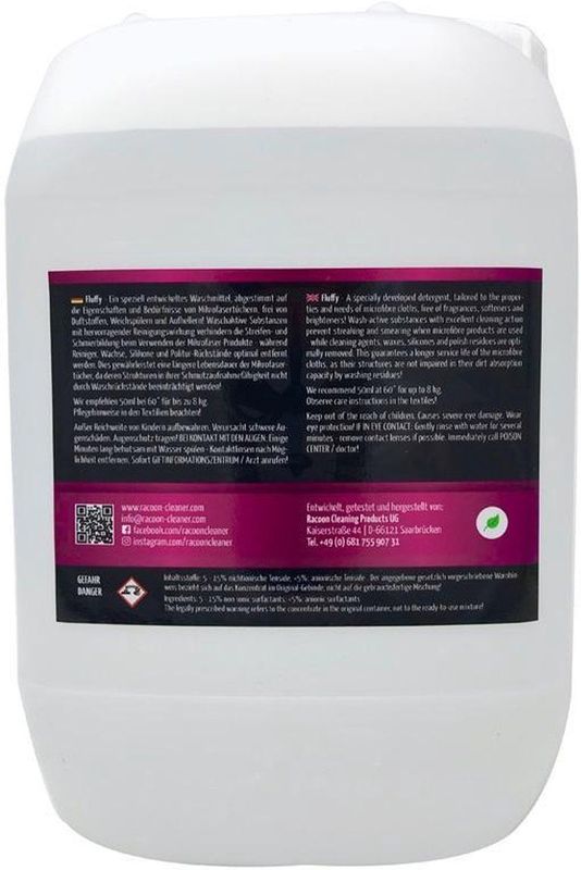 Racoon - Fluffy Microfiber Cleaner - Wasmiddel - 5L - Vrij van Verzachters