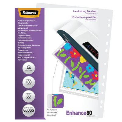 Fellowes - 100 pochettes de plastification A4 (216 x 303 mm) - 80 microns - brillantes pré-perforées