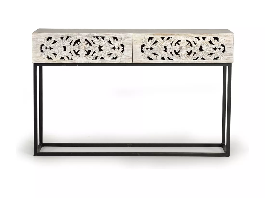 Console en manguier et pieds en métal vieilli noir et blanc Blanco.Giner y Colomer.77x30x120