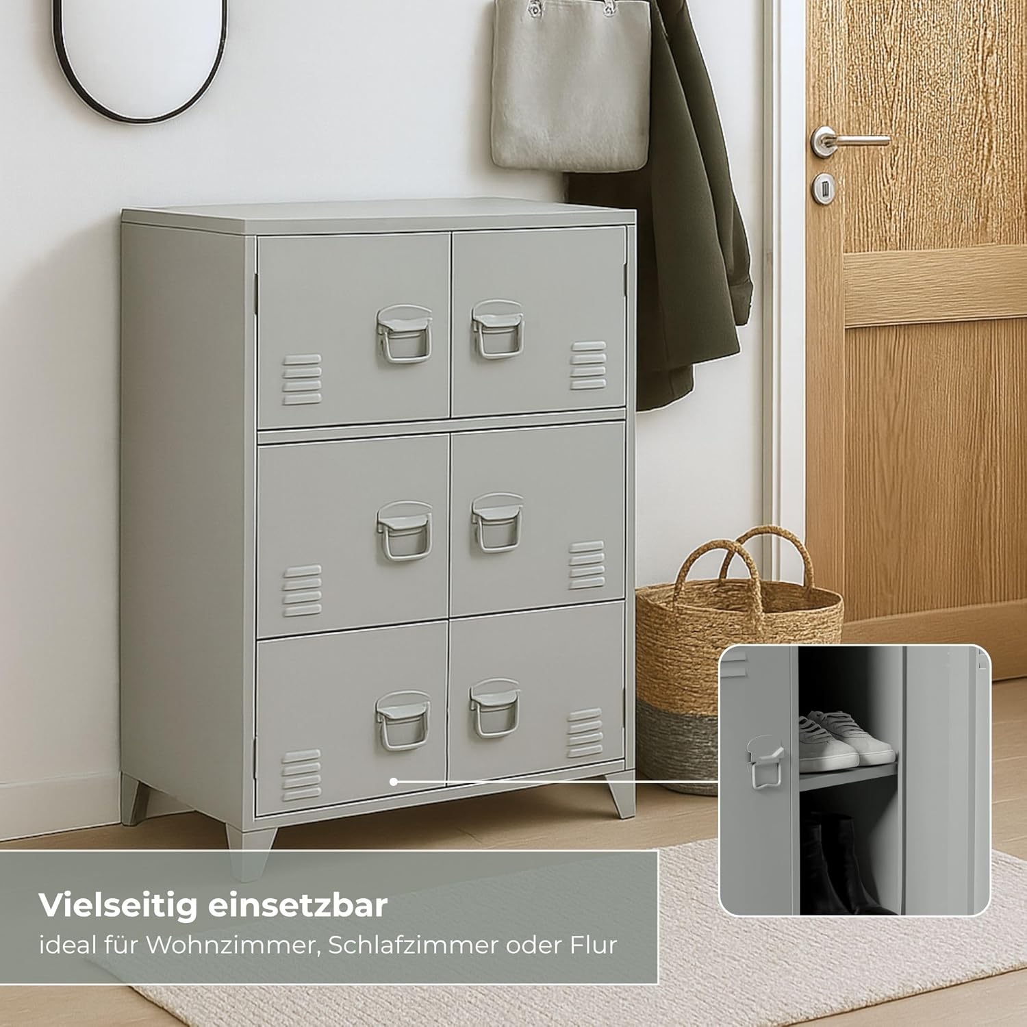 Spindschrank Industrie Design 6-türig | Büroschrank Metall 80 x 113 x 40cm grau | magnetischer Schließmechanismus - Hänkelgriffe + Lüftungsgitter