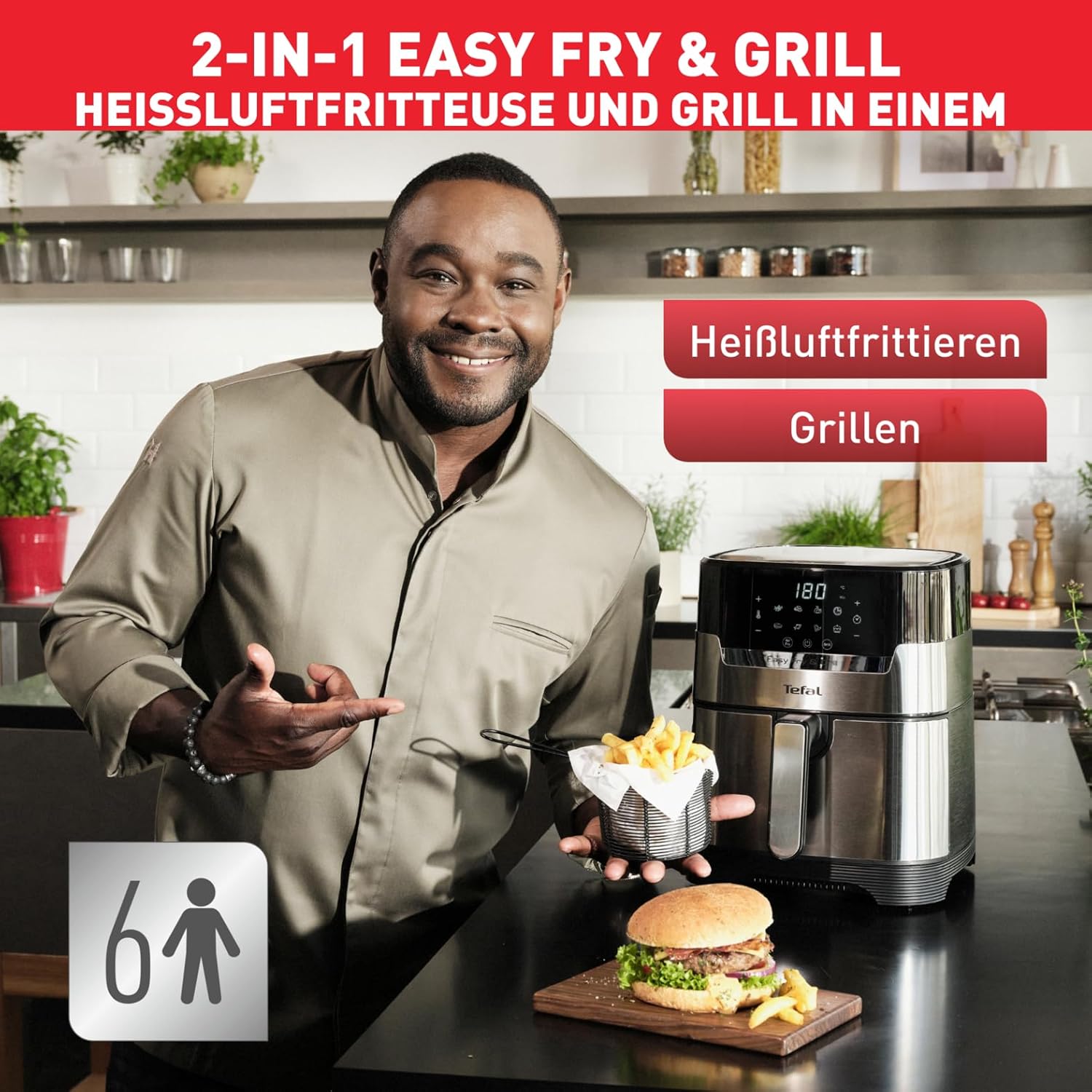 Tefal Easy Fry & Grill Heißluftfritteuse, 2-in-1 Technologie Air Fryer und Grill, Digitales Display, 4,6 Liter für 6 Portionen, 8 Kochprogramme, energiesparend, ohne Öl, Edelstahl, XL Volumen, EY505D