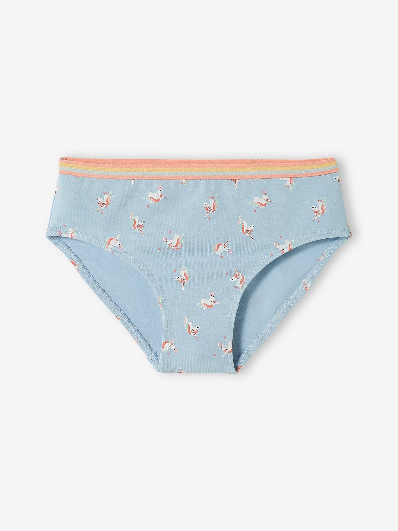 Pacote com 5 calcinhas unicórnio, tamanho médio infantil, lisinhas, violeta com estampas.
