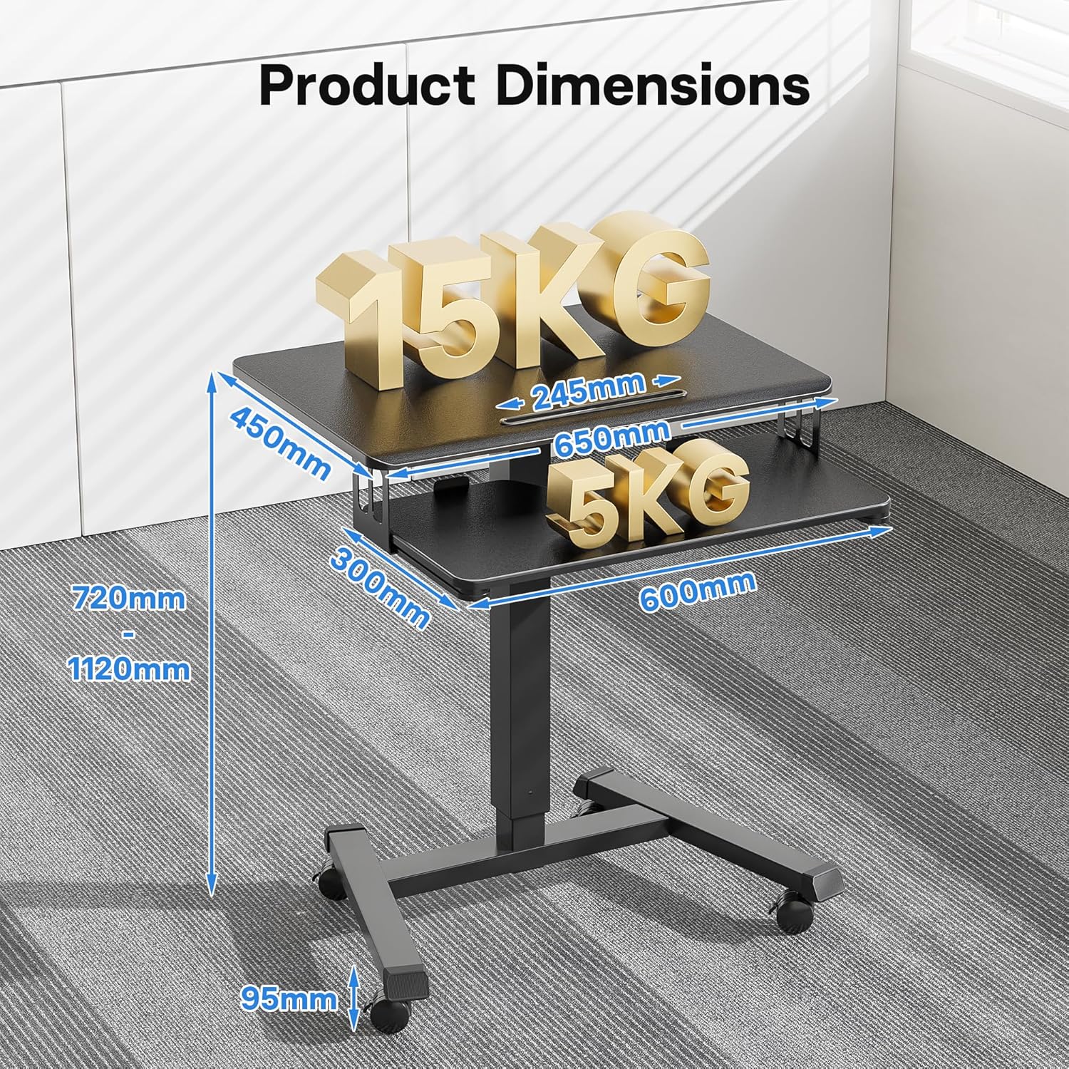 BONTEC Mobiler Schreibtisch mit 4 Rollen, Stehpult Höhenverstellbar 65×45cm Mobile Workstation, Laptoptisch mit Tastaturablage, Stehtisch für Wohnzimmer, Schlafzimmer