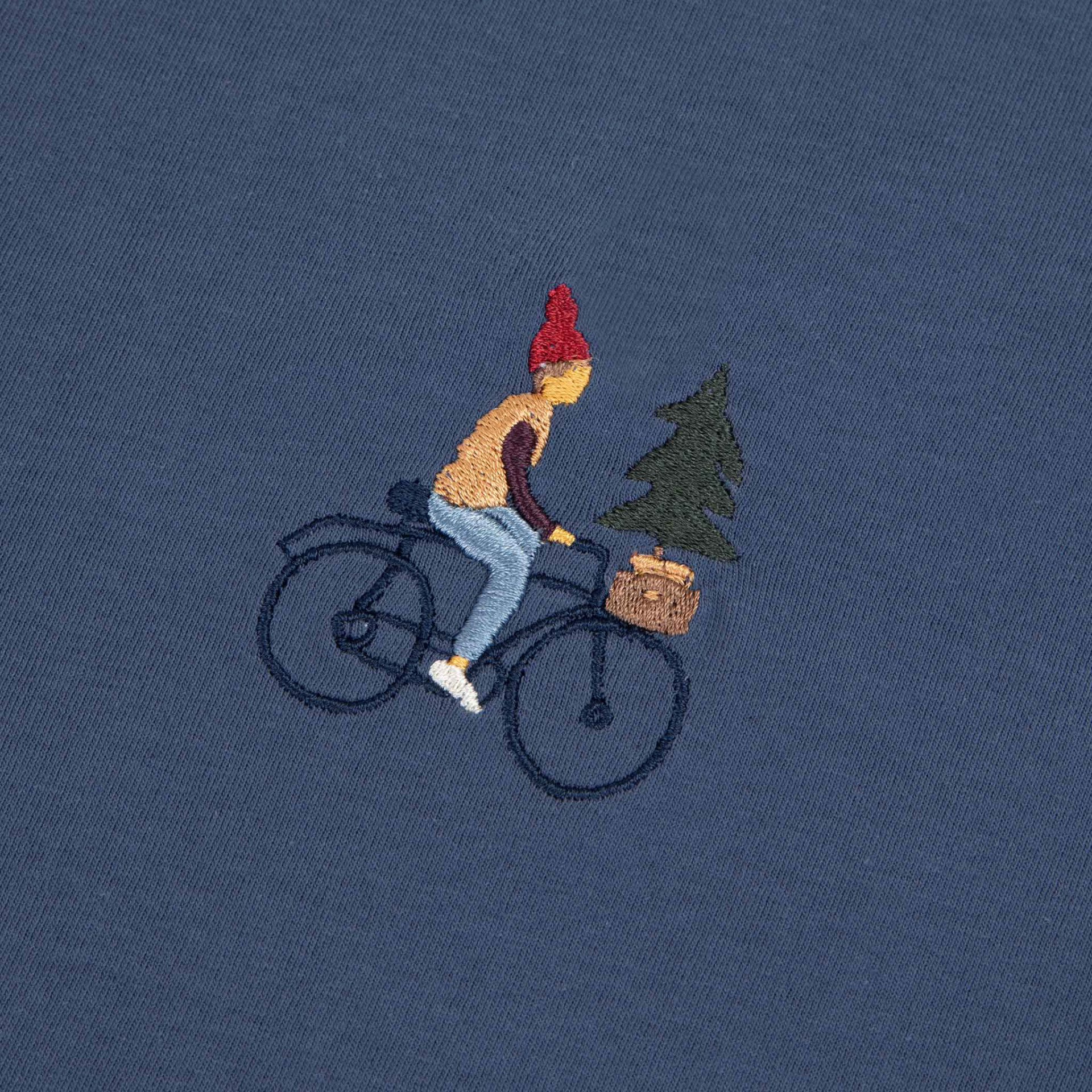 T-shirt col rond bleu broderie vélo coton et coton recyclé - modèle Arcy
