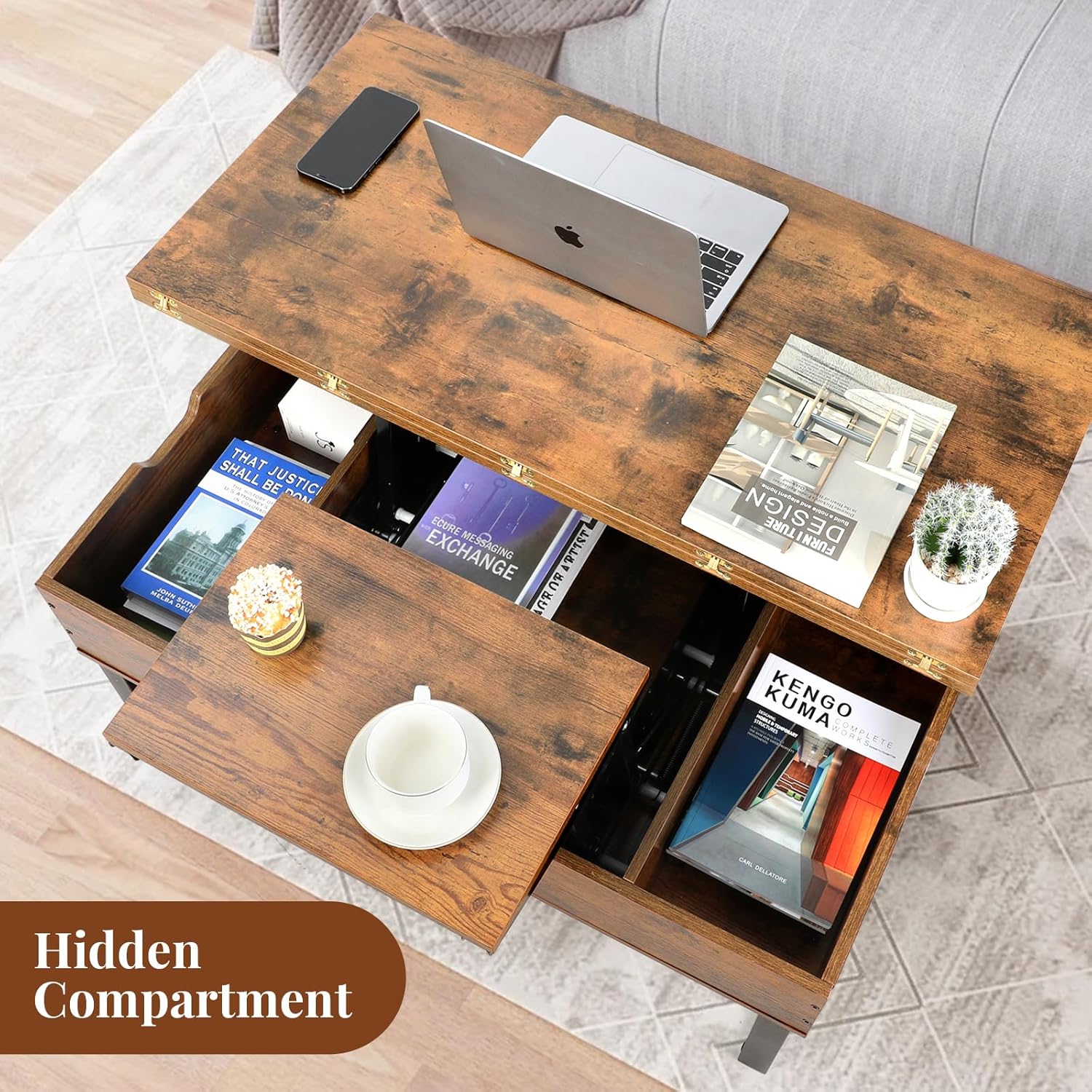 VOWNER Couchtisch Höhenverstellbar, 3-in-1-Multifunktions-Wohnzimmertisch mit Versteckter Aufbewahrung, Couchtisch Umwandelbar in Wohnzimmer-Esstisch, Vintage-Braun