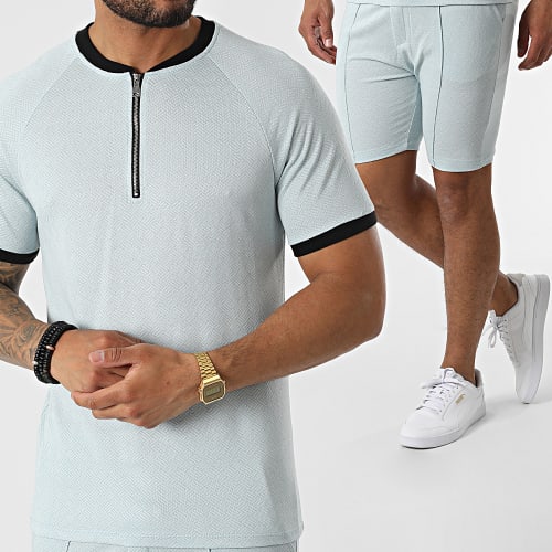 Ensemble Tee Shirt Col Zippé Short Jogging C5840-C8150 Bleu Clair